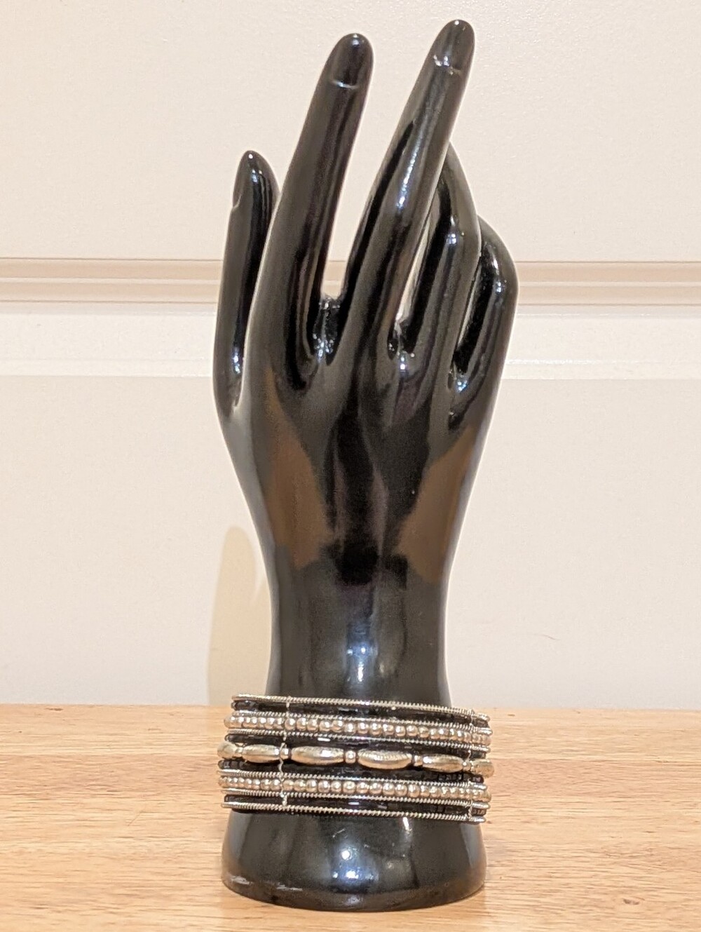 GUC 7.5" Black and Silvertone Stacked Cuff Bracelet
